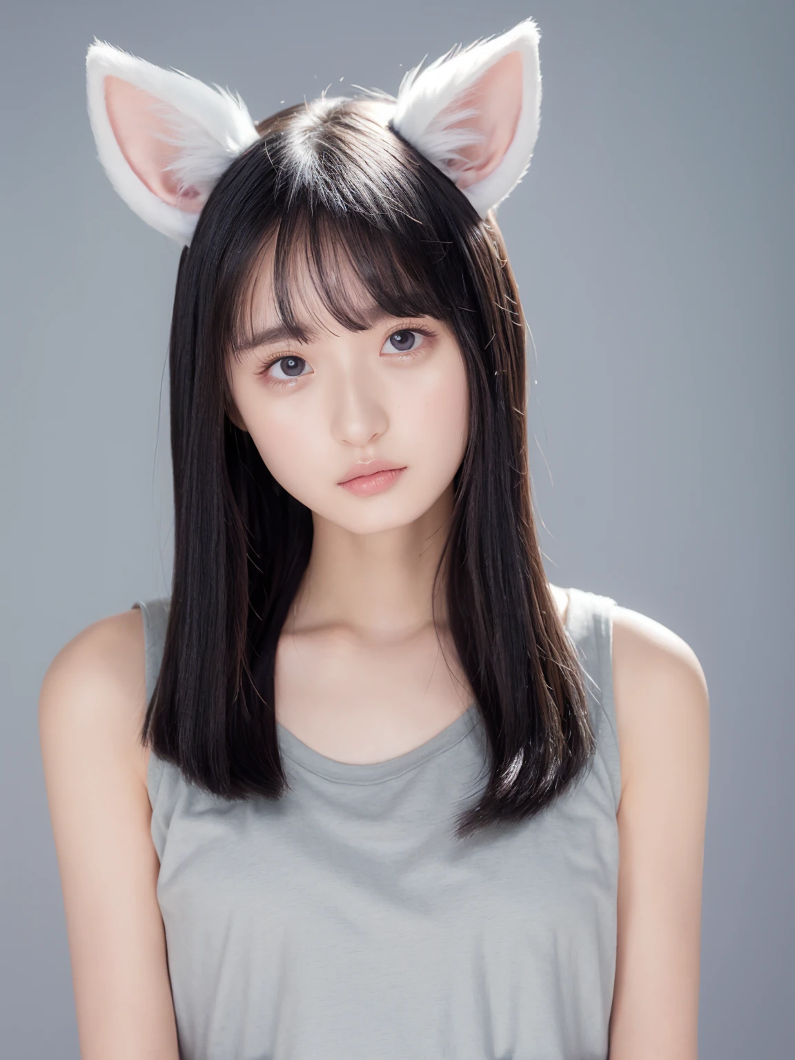 One girl, animal_ear_Fluff, animal_ears, Front hair, just_shoulder, black_hair, blush, chest, cw_ears, Closed_mouth, Eyebrow_appear_Through_hair, green_eye, gray_background, hair_between_eye, Khalil_(Prwcess_Connectwg!), length_hair, Lookwg_w_Audience, Moderate_chest, multicoloured_hair, shirt, Simple_background, No sleeve, No sleeve_shirt, One person, upper_body, white_background, white_shirt, 