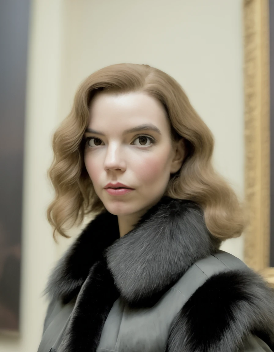 Close up portrait of woman atjx, (wearing a jacket:1.2),(explorer:1.2),(in a museum, exhibitions, quiet:1.2) , eye makeup, smoky eye shadow, black fur, tied hair,