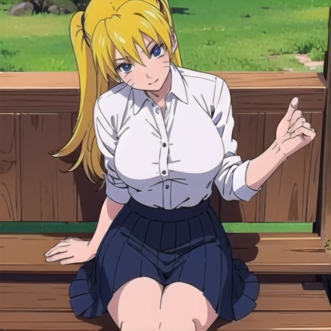 High school anime girl sitting on an armchair bench holding her breasts