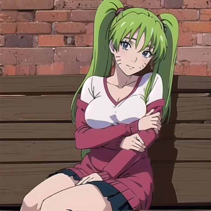 High school anime girl sitting on an armchair bench holding her breasts