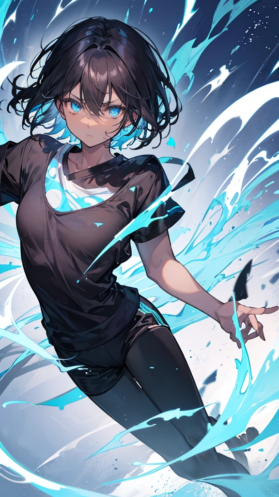 Short haired man, blue glowing eyes, dark brown skin, hair flowing through the wind, Black t shirt, white shorts, clothes flowing through the wind, determined face, Light blue dynamic background