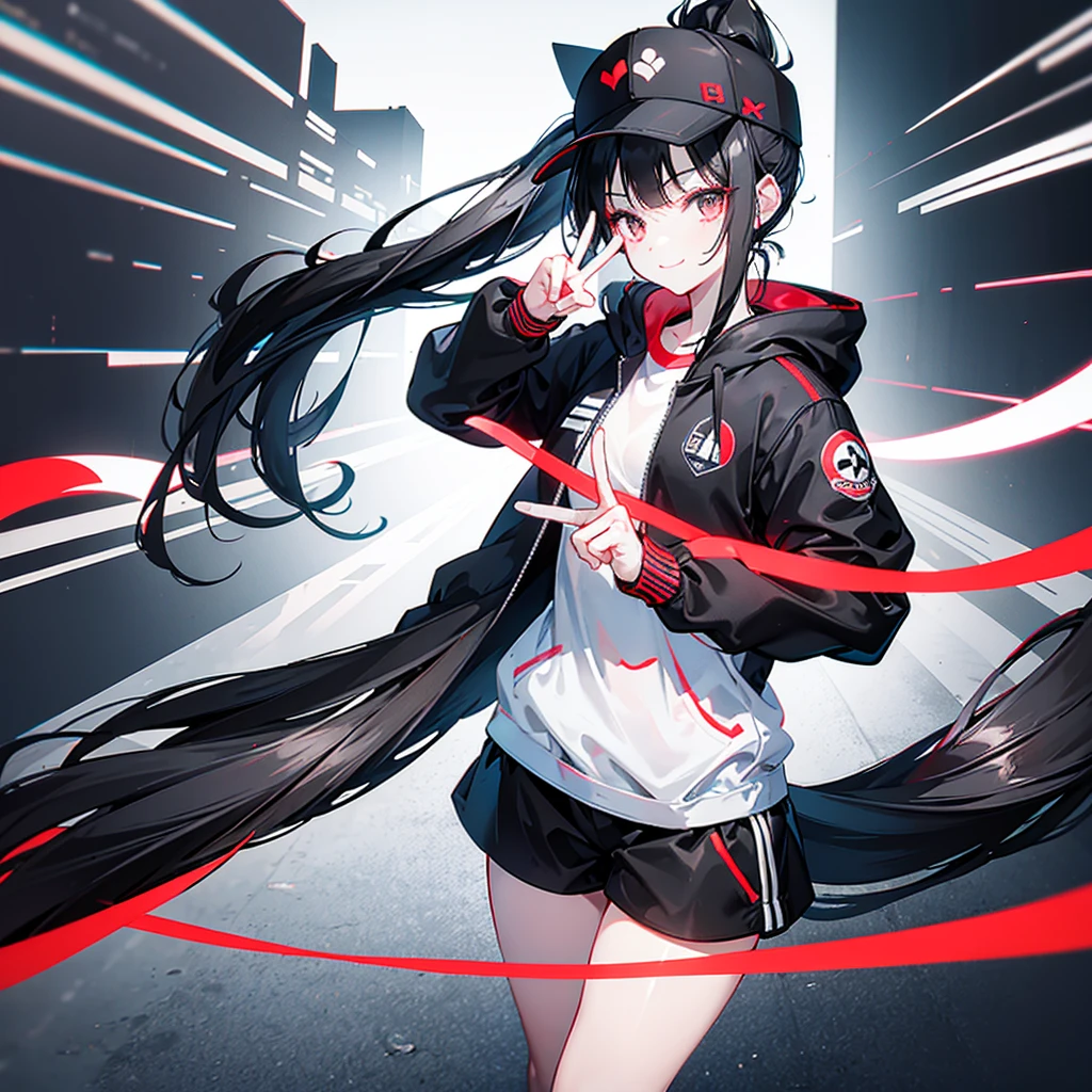 (ponytail),(Black Hair),beautiful girl,Peace sign near face, Wear a black hat,Red sneakers,In the crowd,White tops,Black jacket,Black shorts,Tall buildings,signal machine,A lot of people,smile