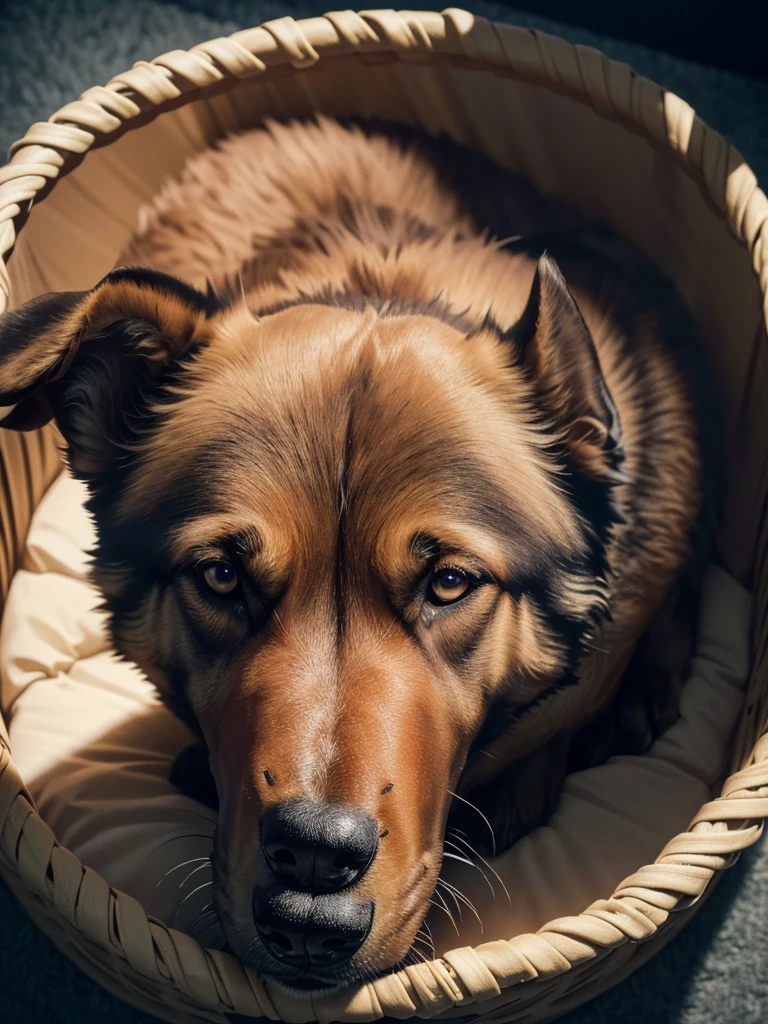 a German Shepherd, Detailed fur structure, playful body language, lies in a comfortable dog basket in a police station, muscular body, (best quality,4K,8K,highres,masterpiece:1.2),Ultra-detail,(realisti,photorealisti,photo-realisti:1.37), Film compositions,depth of field,Professional 3D rendering