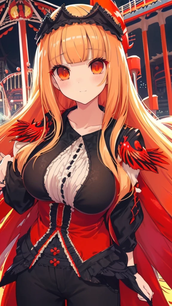 best quality, extremely detailed,anime style girl,((wavy)) long hair,((((blunt bangs)))),(hair between eyes),bright blond hair,beautiful detailed eyes,Orange eyes,Sharp eyes with many eyelashes,huge breasts,(((casual black and scarlet clothing))),short pants,trousers,hair ornament,((((amusement park)))),smile,((dynamic pose))