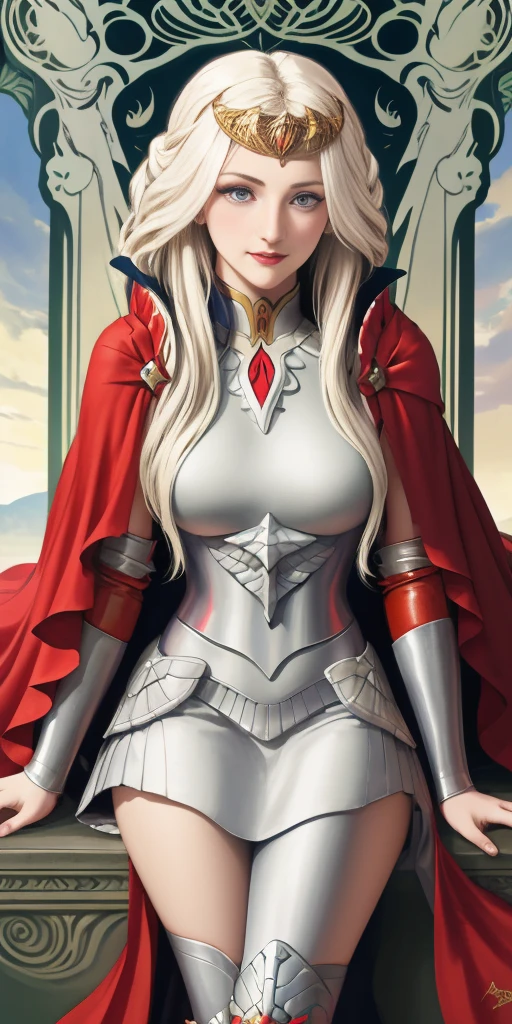 (masterpiece, best quality) 1girlsolo (the empress:1.15) platinum blonde, long hair (red cape) curtain, armored dress, queen dress, aurora (sunshine, sky, river, forest) expressionless, red eyes, very long hair (art nouveau:1.2) alphonse mucha, tiara (face focus, upper body) sit (red throne:1.12) crossing legs, highly intricate details, realistic light, smile