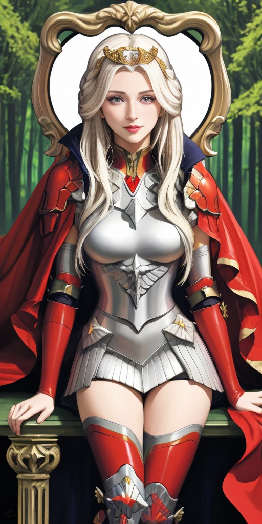 (masterpiece, best quality) 1girlsolo (the empress:1.15) platinum blonde, long hair (red cape) curtain, armored dress, queen dress, aurora (sunshine, sky, river, forest) expressionless, red eyes, very long hair (art nouveau:1.2) alphonse mucha, tiara (face focus, upper body) sit (red throne:1.12) crossing legs, highly intricate details, realistic light, smile