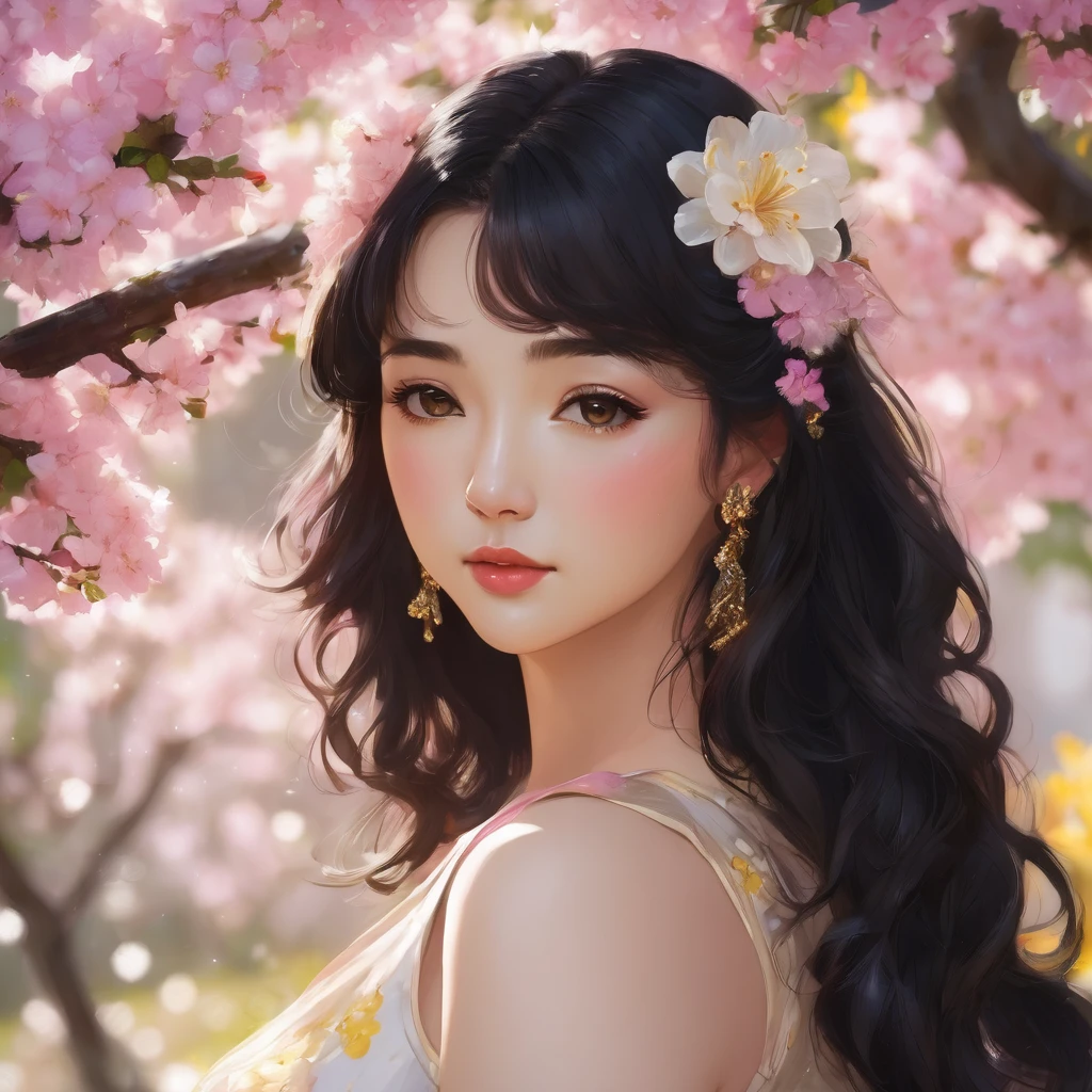 black hair, length below the shoulders, with curls, girl, marked clavicle, chubby girl, Brown eyes, cachetona, splash nose,almond eyes, long eyelashes, thick fleshy and pink lips, big breasts, yellow dress with white flowers and a tender smile