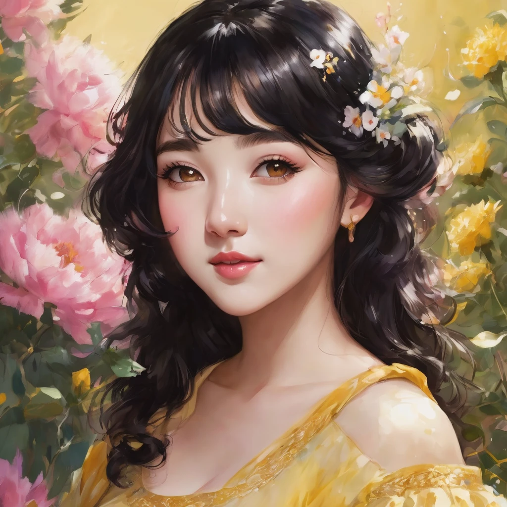 black hair, length below the shoulders,  with curls, girl, marked clavicle, chubby girl, Brown eyes, cachetona, splash nose,almond eyes, long eyelashes, thick fleshy and pink lips, big breasts, yellow dress with white flowers and a tender smile
