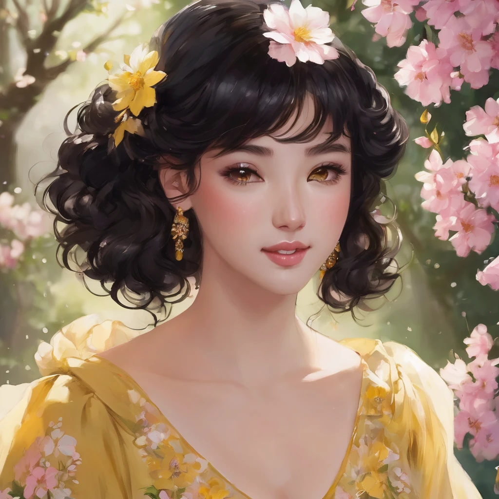 black hair, length below the shoulders,  with curls, girl, marked clavicle, chubby girl, Brown eyes, cachetona, splash nose,almond eyes, long eyelashes, thick fleshy and pink lips, big breasts, yellow dress with white flowers and a tender smile

