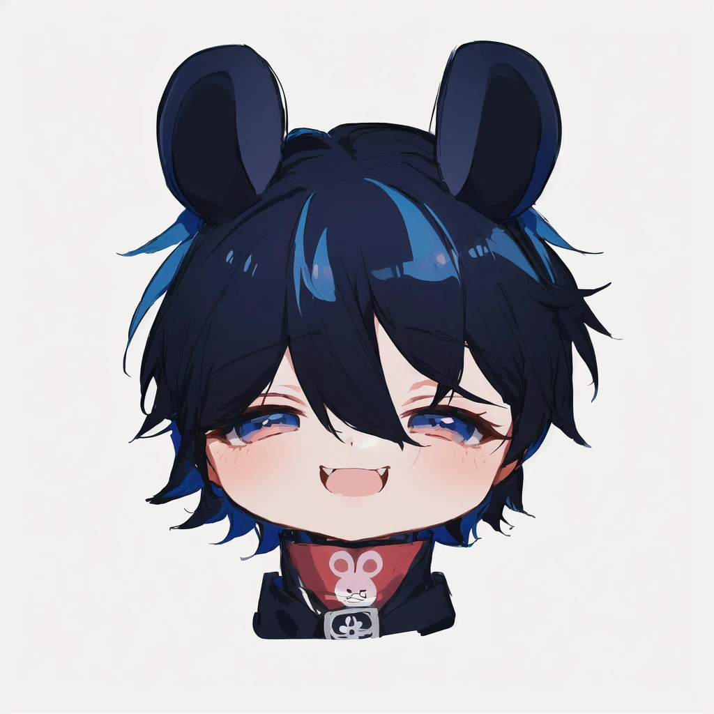 cartoon image of a boy with a blue hair and a black jacket, akane owari danganronpa, chibi, maplestory mouse, [[[[grinning evily]]]], inspired by Okumura Masanobu, cute character, hiro, handsome japanese demon boy, anime moe artstyle, mika kurai demon , 