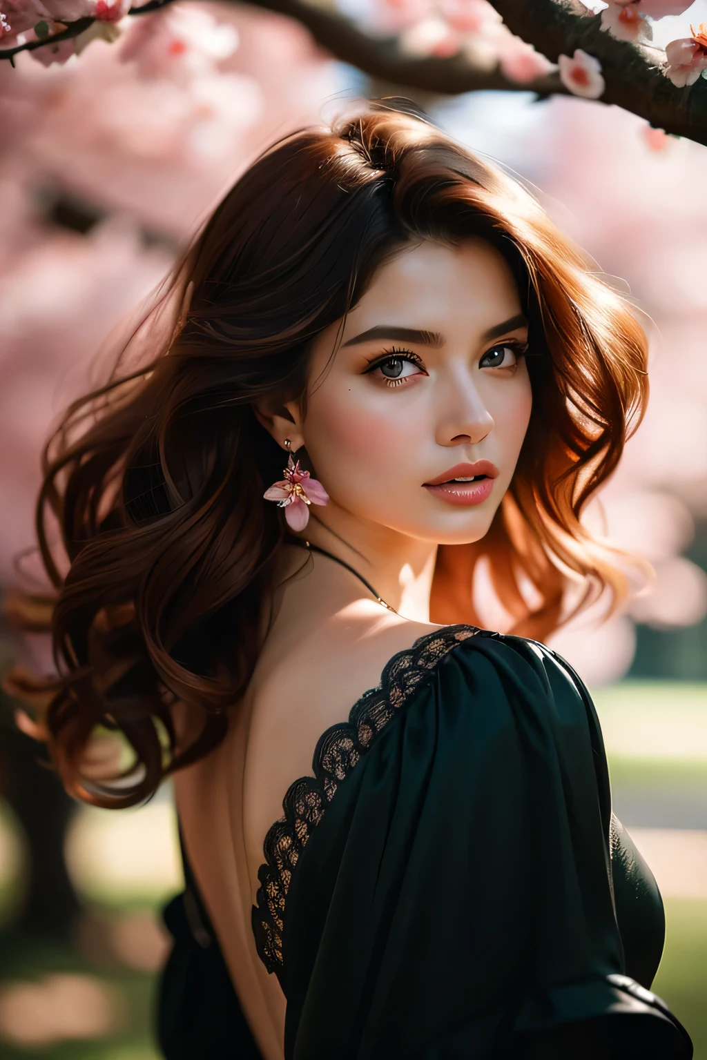 rmx, photography, Supermodel, 26 years old, curvy figure, long combed brown hair, beautiful dark eyes, sharp focus, high detail, fine details, glossy, vibrant, rich vibrant colors, epic, focused, stunning, creative, impressive, inspiring , beautiful, red dress, off the shoulder, cherry blossom grove, with delicate pink petals fluttering in the wind, dramatic lighting, film grain, upper body, high contrast, 50mm. cinematic 4k epic detailed 4k epic detailed shot shot on Kodak detailed cinematic hbo dark moody, 35mm photo, grainy, vignette, vintage, Kodachrome, lomography, colorized, highly detailed, found footage, (masterpiece), (best quality), ( ultra-detailed), Supermodel, 26 years old, long tousled red hair, beautiful dark green eyes, sharp focus, high detail, fine details, glossy, vibrant, rich vibrant colors, epic, focused, amazing, creative, impressive, inspiring, beautiful, black dress, off the shoulder, cherry blossom grove, with delicate pink petals fluttering in the wind, dramatic lighting, film grain, upper body, high contrast, illustration, tousled hair, detailed eyes, perfect composition, dewy skin, complex details, earrings, by wlop, Supermodel, 26 years old, long tousled red hair, beautiful dark green eyes, sharp focus, high detail, fine details, glossy, vibrant, rich vibrant colors, epic, focused, stunning, creative, impressive, inspiring, beautiful, black dress, off the shoulder, cherry blossom grove in bloom, with delicate pink petals blowing in the wind, dramatic lighting, film grain, upper body, high contrast, elegant, intricate, extremely cohesive, symmetry, great composition, open background, untouched, artistic, expressive, colorful, shiny, very stylish, cute, elite, magical, passionate, light, illuminated, translucent, precious, beautiful, excellent, clean, dynamic, attractive, vibrant, cinematic