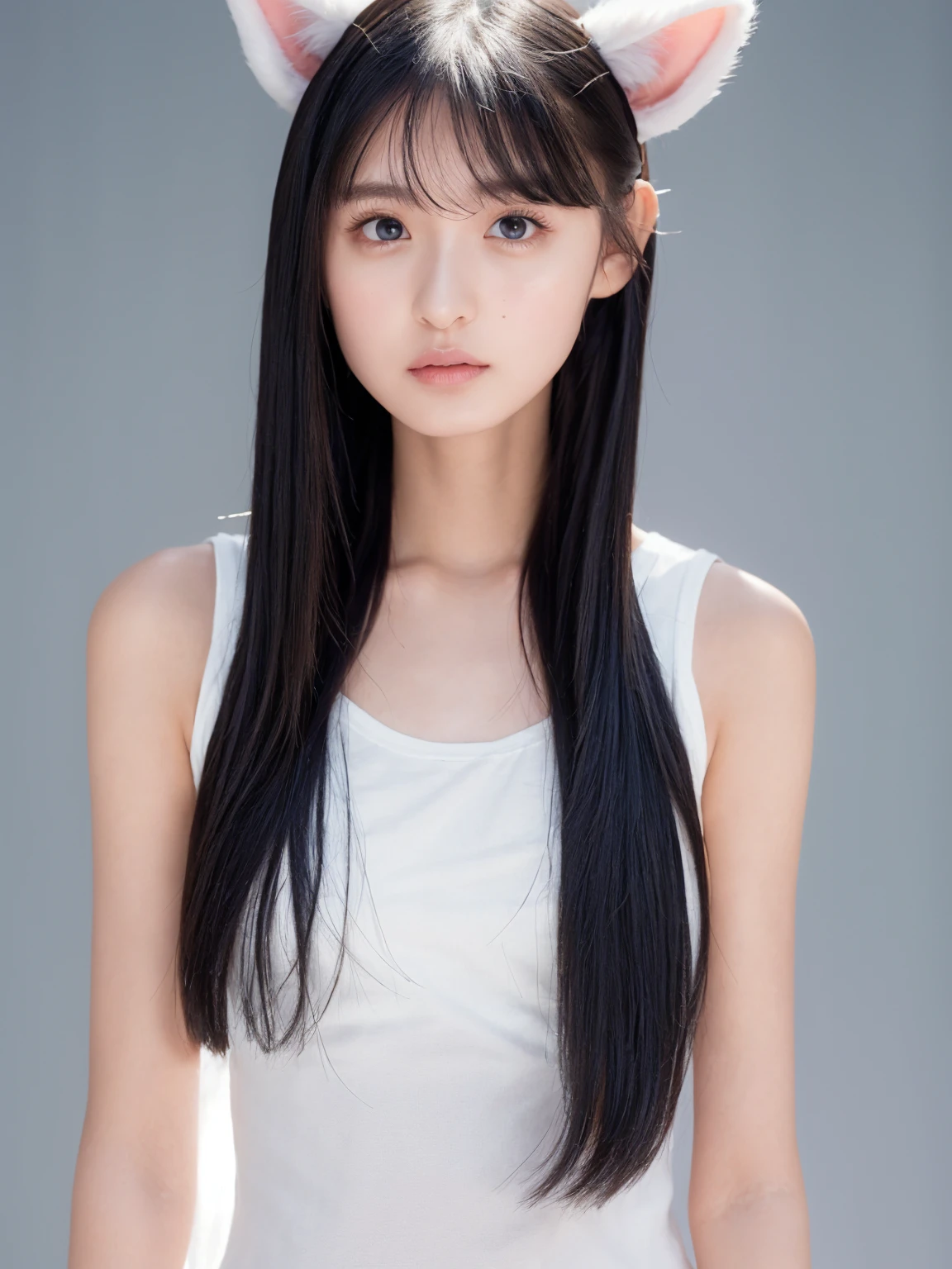 One girl, animal_ear_Fluff, animal_ears, Front hair, just_shoulder, black_hair, blush, chest, cw_ears, Closed_mouth, Eyebrow_appear_Through_hair, green_eye, gray_background, hair_between_eye, Khalil_(Prwcess_Connectwg!), length_hair, Lookwg_w_Audience, Moderate_chest, multicoloured_hair, shirt, Simple_background, No sleeve, No sleeve_shirt, One person, upper_body, white_background, white_shirt, natural big breast