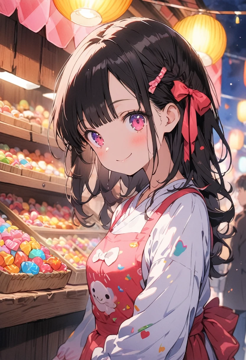 cute girl, watercolor, clear, anime style illustration, cute illustration, beautiful detail, fain touch outline, best quality, top quality, ultra detailed, masterpiece, beautiful detail, cute girl is wearing a apron, working, background candy shop, stall candy shop in the festival, lighting, night, colorful candies, many candies, delicious looking, smile, beautiful detail, cute illustration, cute girl