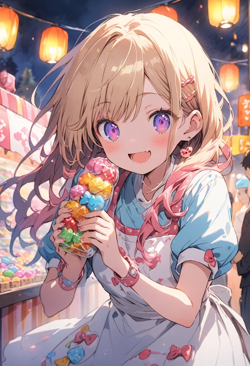 cute girl, watercolor, clear, anime style illustration, cute illustration, beautiful detail, fain touch outline, best quality, top quality, ultra detailed, masterpiece, beautiful detail, cute girl is wearing a apron, working, background candy shop, stall candy shop in the festival, lighting, night, colorful candies, many candies, delicious looking, smile, beautiful detail, cute illustration, cute girl