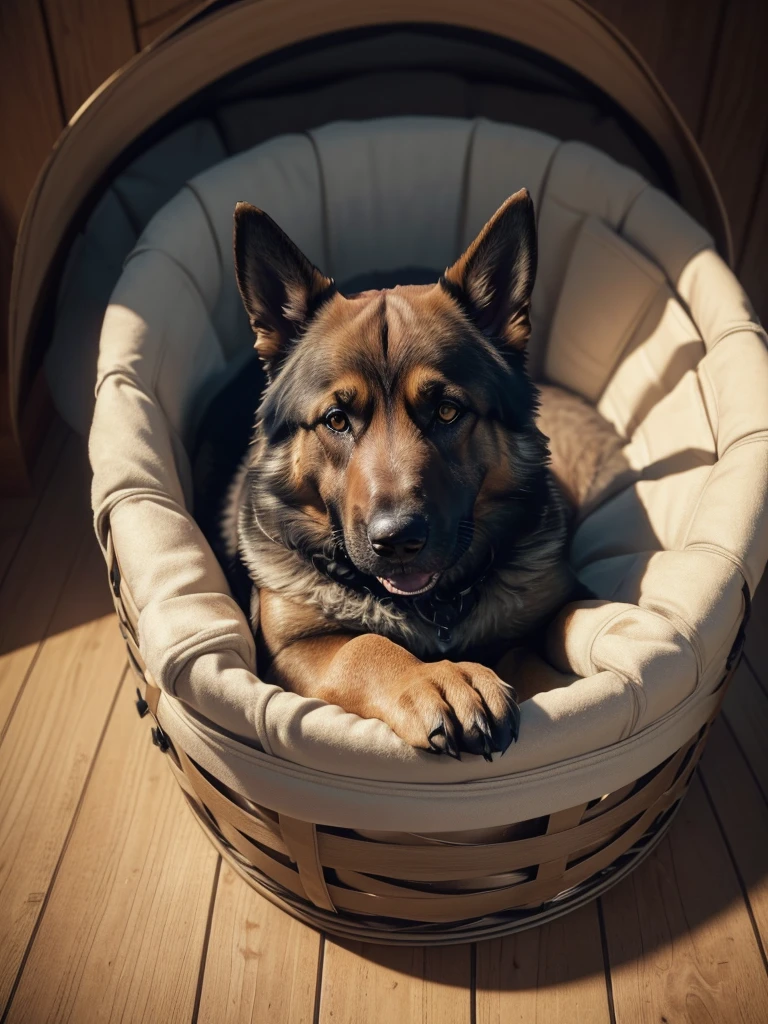 a German Shepherd, Detailed fur structure, lies in a comfortable dog basket in a police station, muscular body, (best quality,4K,8K,highres,masterpiece:1.2),Ultra-detail,(realisti,photorealisti,photo-realisti:1.37), Film compositions,depth of field,Professional 3D rendering