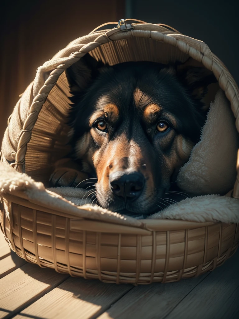 a German Shepherd, Detailed fur structure, lies in a comfortable dog basket in a police station, muscular body, (best quality,4K,8K,highres,​masterpiece:1.2),Ultra-detail,(realisti,photorealisti,photo-realisti:1.37), Film compositions,depth of field,Professional 3D rendering