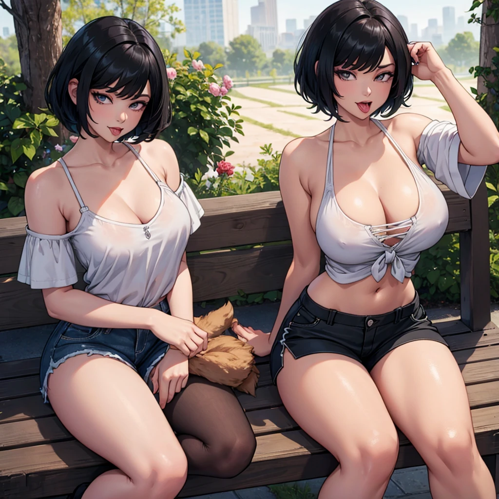 short hair Black Hair Light clothing Shorts Bitch Biting pose bench sit tongueピアス tongue B Cup Chopin night garden