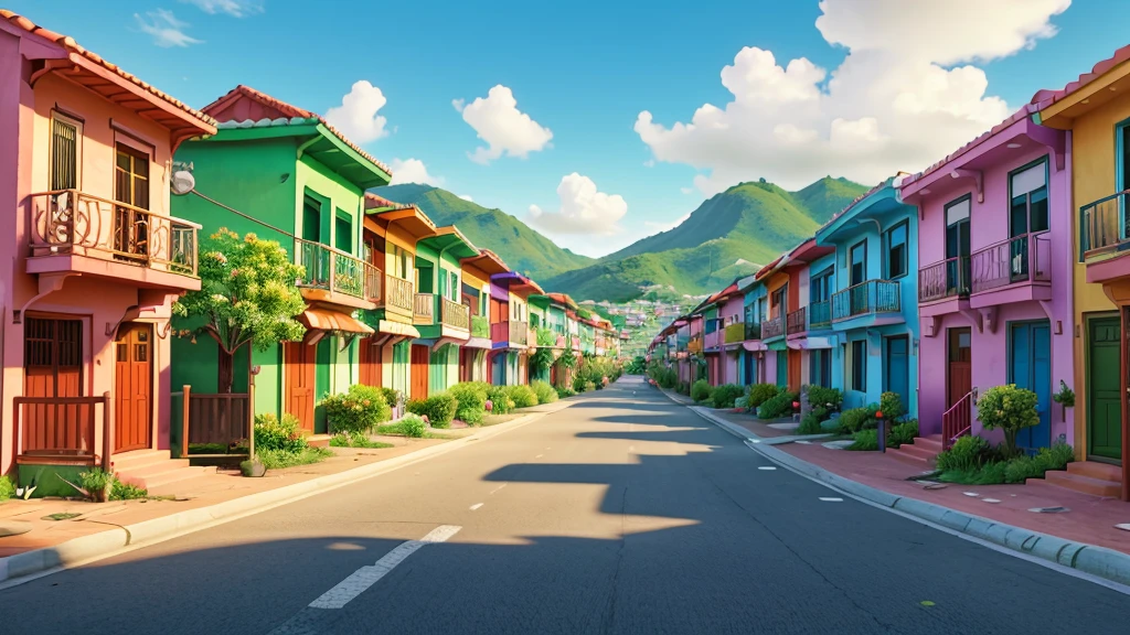 A vibrant image of a favela with colorful houses and authentic details. Add flowers of different colors and species along the streets and on the balconies of houses. Include leafy trees that stand out among buildings, bringing a touch of nature to the urban environment. The setting should showcase the beauty and resilience of the community, with vegetation adding life and color to the space. No cars on the street.