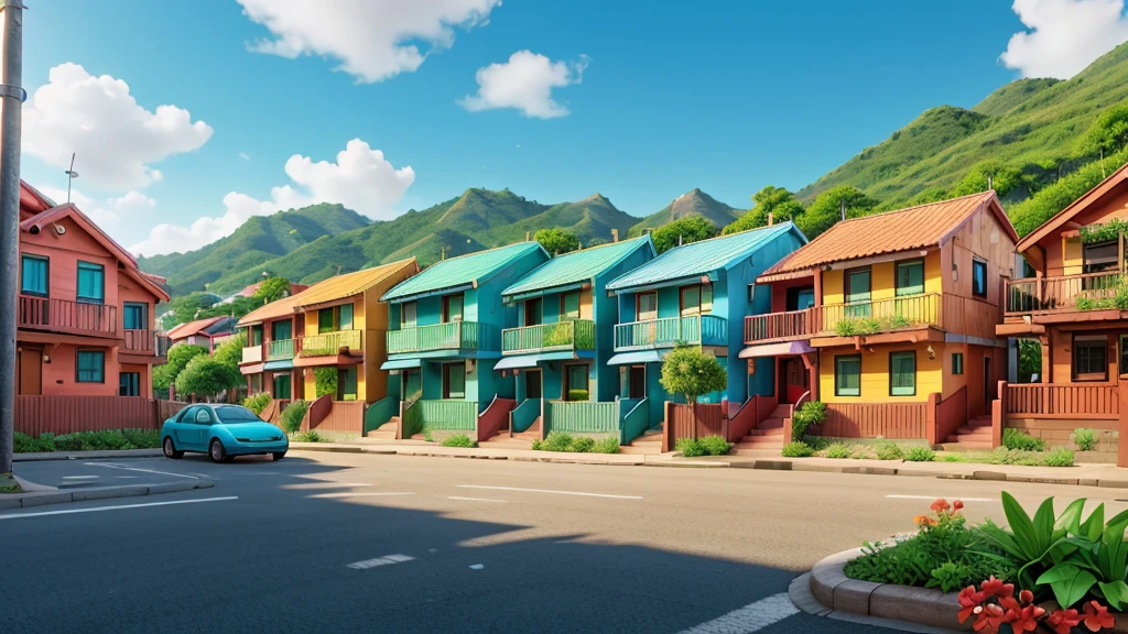 A vibrant image of a favela with colorful houses and authentic details. Add flowers of different colors and species along the streets and on the balconies of houses. Include leafy trees that stand out among buildings, bringing a touch of nature to the urban environment. The setting should showcase the beauty and resilience of the community, with vegetation adding life and color to the space. No cars on the street.