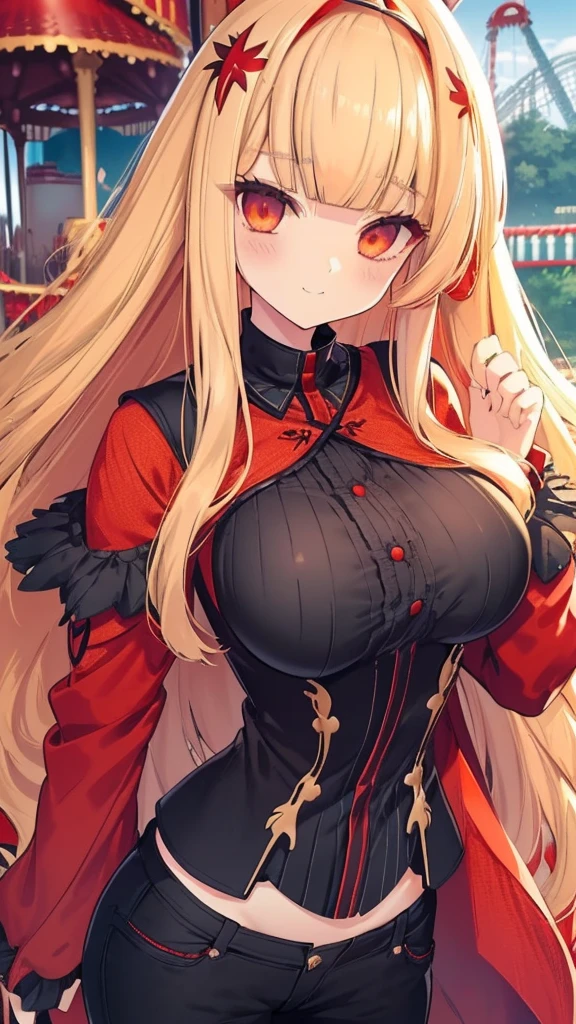 best quality, extremely detailed,anime style girl,((wavy)) long hair,((((blunt bangs)))),(hair between eyes),bright blond hair,beautiful detailed eyes,Orange eyes,Sharp eyes with many eyelashes,huge breasts,(((casual black and scarlet clothing))),short pants,trousers,hair ornament,((((amusement park)))),smile,((dynamic pose))