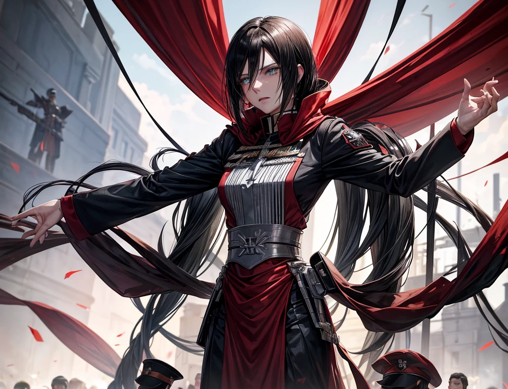 The commander of the army (he looks like Sebastian Michaelis) making a speech to his entire army on a campaign and her beautiful adjutant (she looks like Mikasa from attack on Titan) is with his side raising her right hand high
The thousands of soldiers are cheering for them... Just like adolf Hitler with his srmy on the krupp factory
