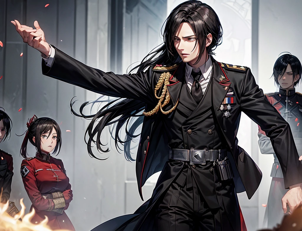 The commander of the army (he looks like Sebastian Michaelis) making a speech to his entire army on a campaign and her beautiful adjutant (she looks like Mikasa from attack on Titan) is with his side raising her right hand high
The thousands of soldiers are cheering for them... Just like adolf Hitler with his srmy on the krupp factory