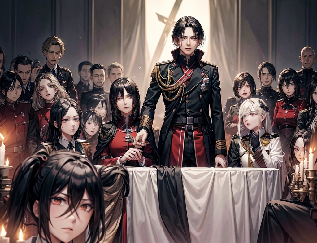 The commander of the army (he looks like Sebastian Michaelis) making a speech to his entire army on a campaign and her beautiful adjutant (she looks like Mikasa from attack on Titan) is with his side raising her right hand high
The thousands of soldiers are cheering for them... Just like adolf Hitler with his srmy on the krupp factory
