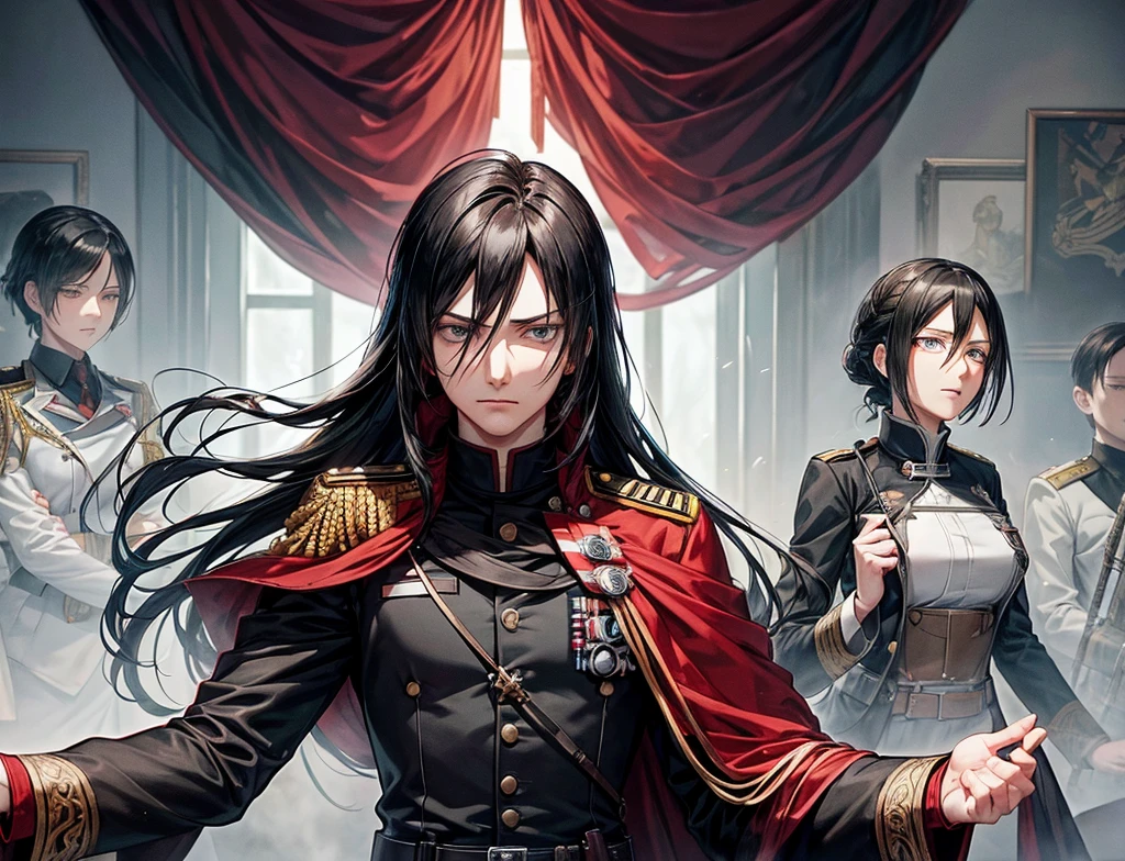 The commander of the army (he looks like Sebastian Michaelis) making a speech to his entire army on a campaign and her beautiful adjutant (she looks like Mikasa from attack on Titan) is with his side raising her right hand high 

The thousands of soldiers are cheering for them... Just like adolf Hitler with his  srmy on the krupp factory 