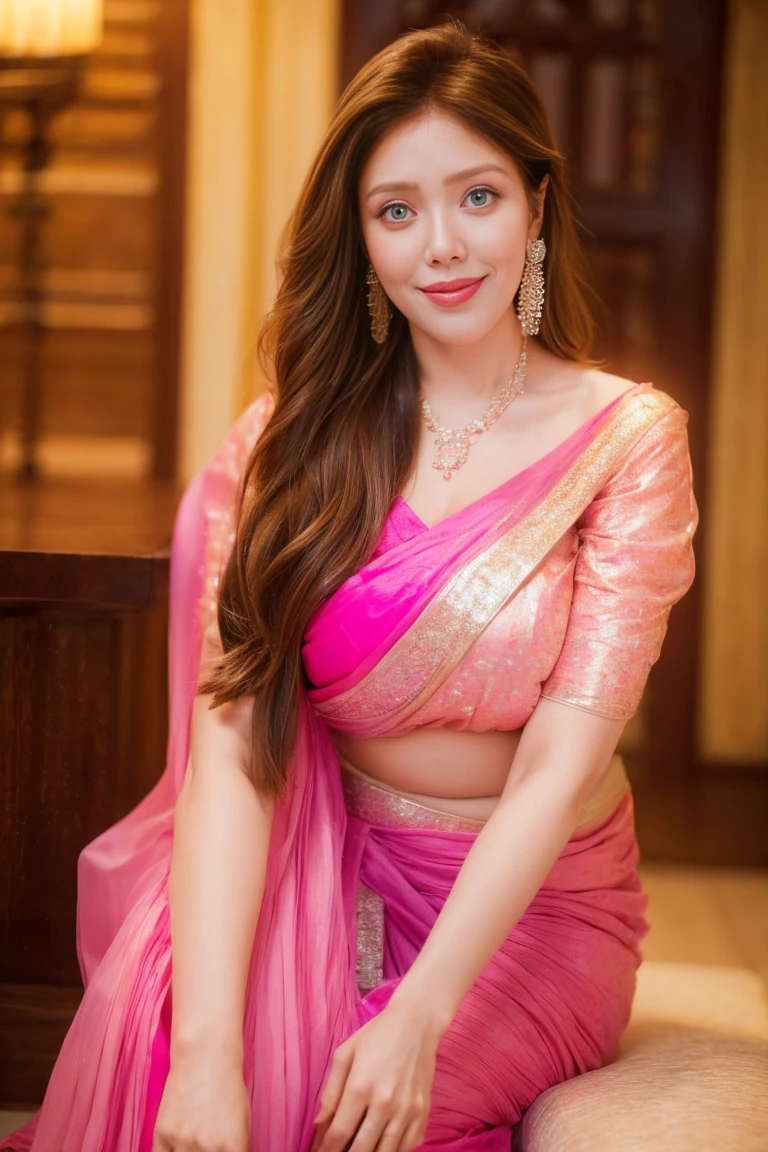 best quality,8k, Detailed facial depictions, Detailed eye description, Brown hair(long wavyhair),beautiful  elizabeth olsen, 21 years old, pink saree, bare-breasted,thick body, large chest size, Sitting with your legs apart, Smiling face, Colorful earrings, necklace, 