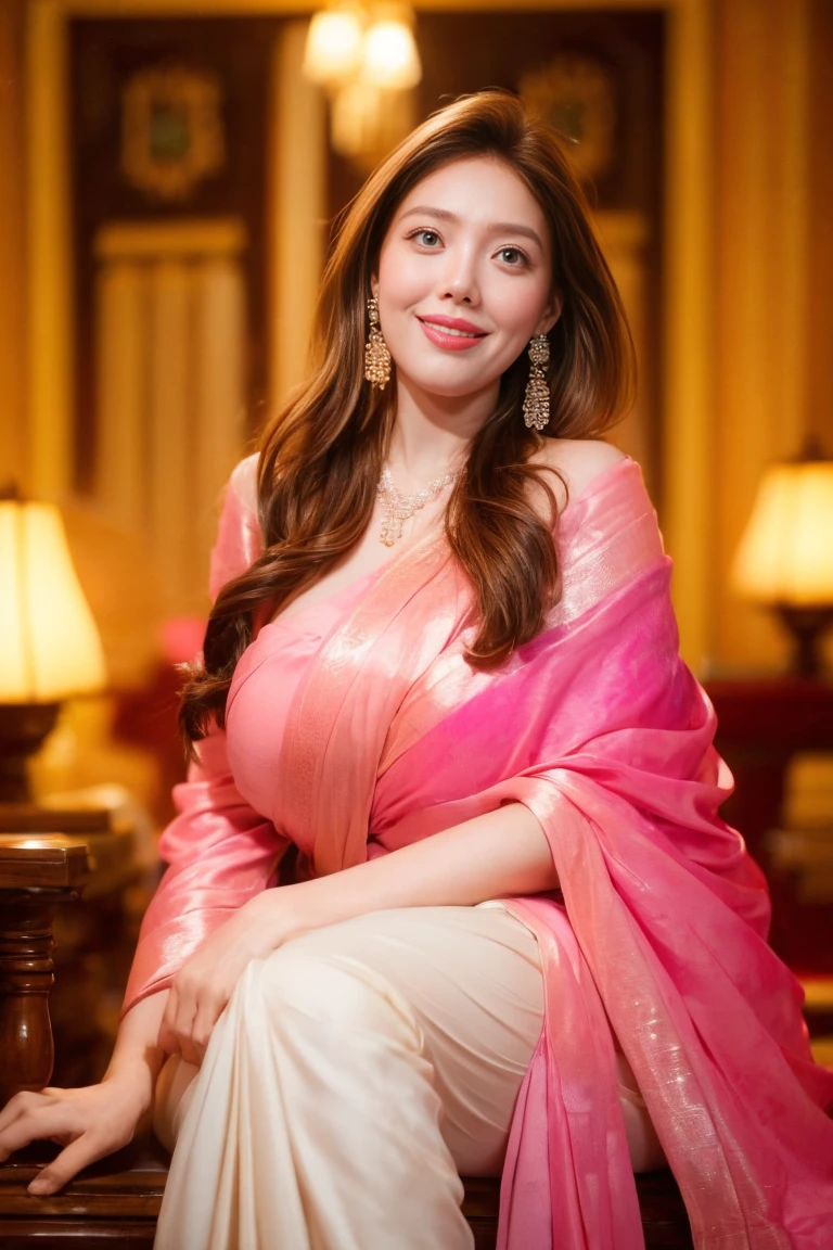 best quality,8k, Detailed facial depictions, Detailed eye description, Brown hair(long wavyhair),beautiful  elizabeth olsen, 21 years old, pink saree, bare-breasted,thick body, large chest size, Sitting with your legs apart, Smiling face, Colorful earrings, necklace, 