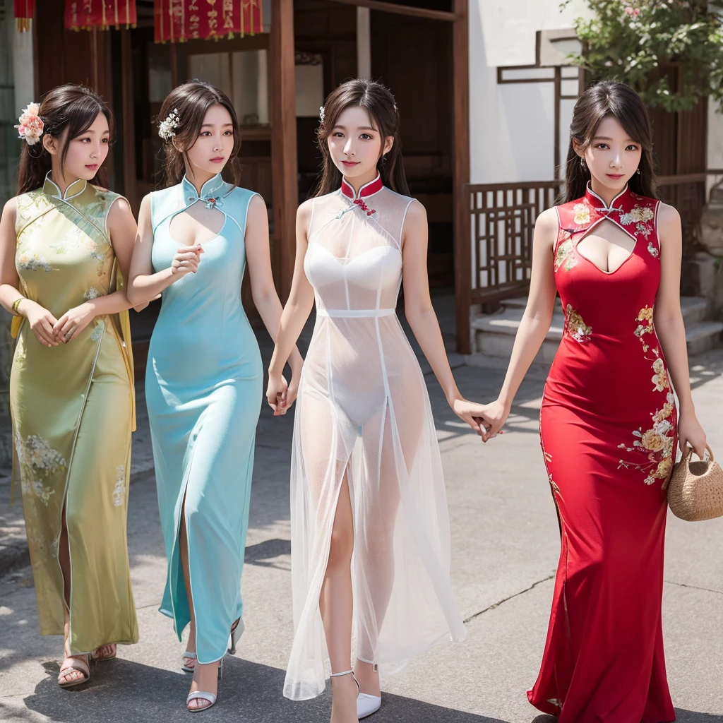 Well-developed sisters in see-through Chinese dresses