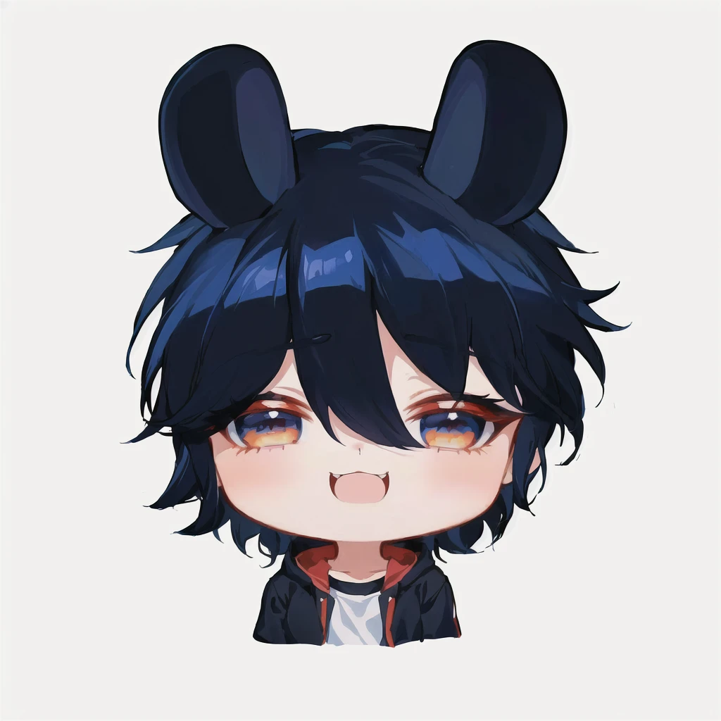 cartoon image of a boy with a blue hair and a black jacket, akane owari danganronpa, chibi, maplestory mouse, [[[[grinning evily]]]], inspired by Okumura Masanobu, cute character, hiro, handsome japanese demon boy, anime moe artstyle, mika kurai demon , best quality, (masterpiece), Ultra-detailed, (novel illustration:1.2), (korean webtoon style:1.2), (bold line), (highres:1.2), dramatic light, 1girl, observatory, looking at space through long Telescope, space, planets, falling stars, light lines among planets, looking above, beutiful face, cogwheels