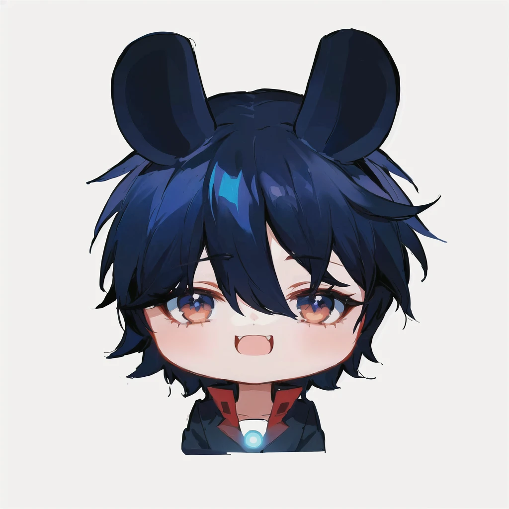 cartoon image of a boy with a blue hair and a black jacket, akane owari danganronpa, chibi, maplestory mouse, [[[[grinning evily]]]], inspired by Okumura Masanobu, cute character, hiro, handsome japanese demon boy, anime moe artstyle, mika kurai demon , best quality, (masterpiece), Ultra-detailed, (novel illustration:1.2), (korean webtoon style:1.2), (bold line), (highres:1.2), dramatic light, 1girl, observatory, looking at space through long Telescope, space, planets, falling stars, light lines among planets, looking above, beutiful face, cogwheels