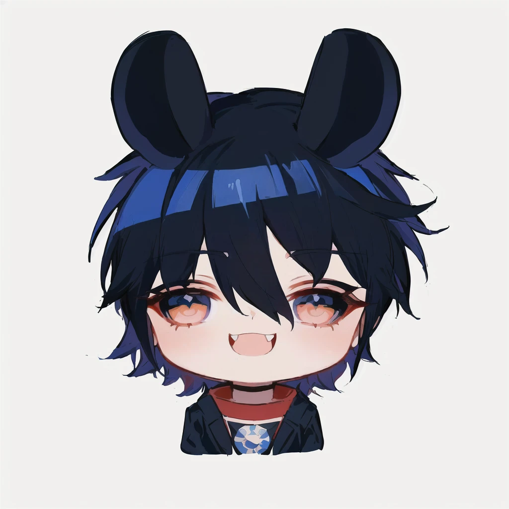 cartoon image of a boy with a blue hair and a black jacket, akane owari danganronpa, chibi, maplestory mouse, [[[[grinning evily]]]], inspired by Okumura Masanobu, cute character, hiro, handsome japanese demon boy, anime moe artstyle, mika kurai demon , best quality, (masterpiece), Ultra-detailed, (novel illustration:1.2), (korean webtoon style:1.2), (bold line), (highres:1.2), dramatic light, 1girl, observatory, looking at space through long Telescope, space, planets, falling stars, light lines among planets, looking above, beutiful face, cogwheels