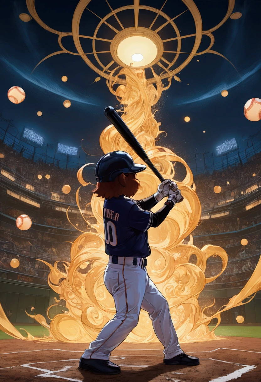 1boy, baseball player, batting stance, (alien dressed as a baseball player, batting) a masterpiece, 8k resolution, dark fantasy concept art, by Greg Rutkowski, dynamic lighting, hyperdetailed, intricately detailed, Splash screen art, trending on Artstation, deep color, Unreal Engine, volumetric lighting, Alphonse Mucha, Jordan Grimmer, purple and yellow complementary colours, masterpiece, best quality, very aesthetic, absurdres