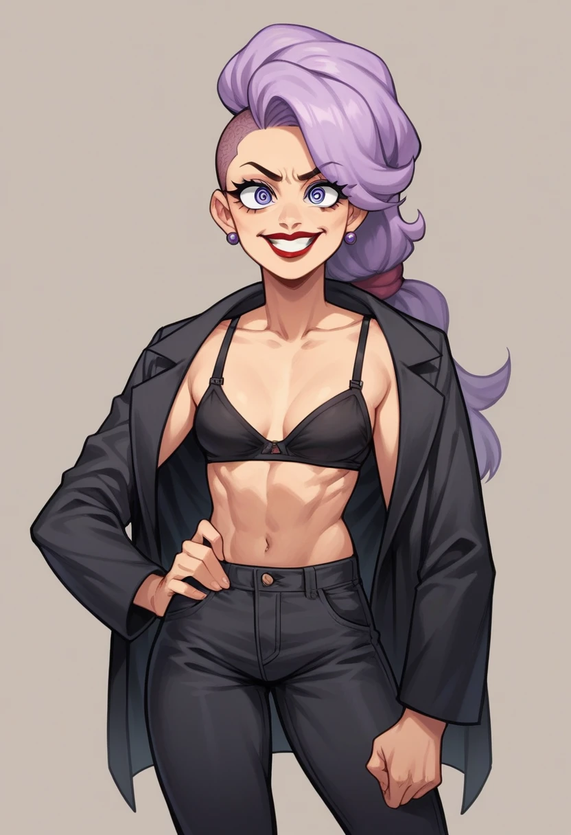 beautyful woman, lilac hair, red lipstick, sidecut hair, long hair, long ponytail hair, black bra, black jacket, black pants,, milf, mature, slender body, small breasts, mature face, teeth grinding, tense, quarrel, hurry, googly eyes
