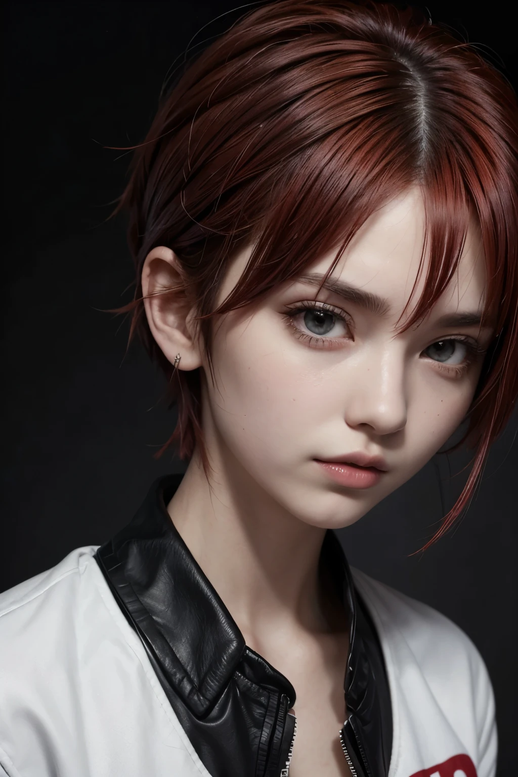 2d girl with neck length short hair, of red color, mohawk on top red too, eyes black, white color, black leagwear, Black jacke
