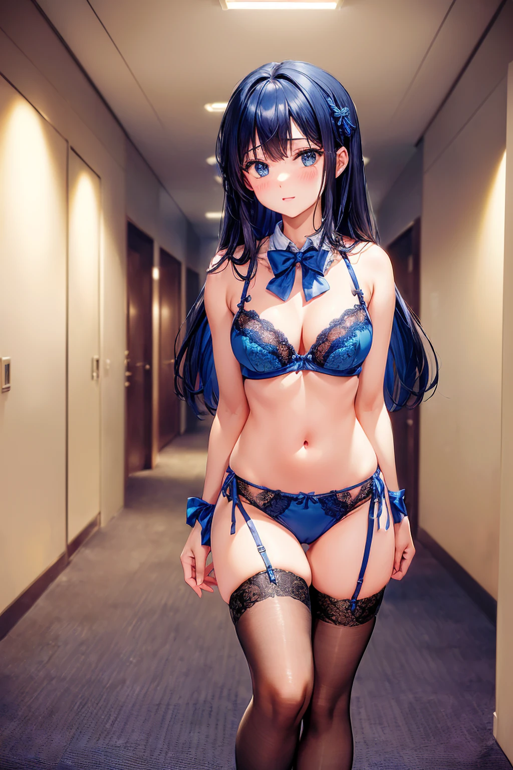 ((一人のWoman in underwearはセクシーにOffice corridorを歩いている:1.8), Beautiful Anime Women, Beautiful art style, Anime characters, ((Smooth texture, Realistic texture, Anime CG Style)), ((Highest quality)), (Very detailed), (Very detailed CG 統合 8k 壁紙), Very detailed, High-resolution RAW color photos, Professional photography, (Brown Hair, Stylish hairstyle:1.1), Great face and eyes, Beautiful and big breasts, Slender body, (Stunningly beautiful woman), (Detailed face:1.2), (Office corridor, There is a window in the hallway:1.4), (Many men in suits are walking in the background:1.5), ((Bow tie around neck:1.3), (Black high heels:1.1), (Sexy and cute blue underwear:1.3), (Stylish shiny blue satin panties, Side-tie panties, Panties with plain blue center and lace decoration on the sides:1.3), (Thin panties:1.3), (Blue micro lace satin bra, Blue bra with lace trim, Thin bra:1.3), (lace garter belt, Garter Strings, Knee socks:1.3):1.3), (naked, Woman in underwear, 女性はブラとパンティとKnee socksとガーターベルトだけを着用:1.5), Exact number of arms, Exact number of legs, Perfect Anatomy, (Embarrassed expression, Surprised expression), Angle from the front, Exact finger count、Exact number of legs、(Exact number of arms:1.0, Exact number of hands:1.0), (Perfect hands, Perfect Anatomy)