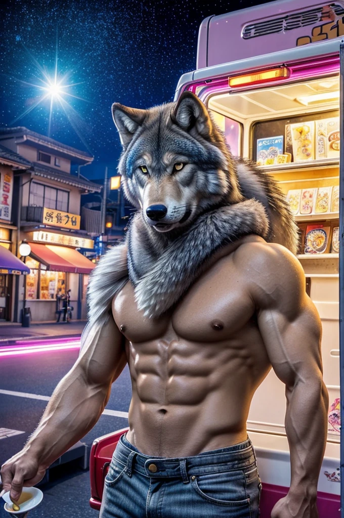 masterpiece,high quality,Japanese cartoons,Delicate eyes,Furry male gray wolf, law, Great physique,Strong arms, In the van, Sell ice cream, Serving ice cream, Sky, trumpet, Seller litigation, Happy, (Colorful Sparkles), Flashing Lights, author：null-ghost,Pino Deheny