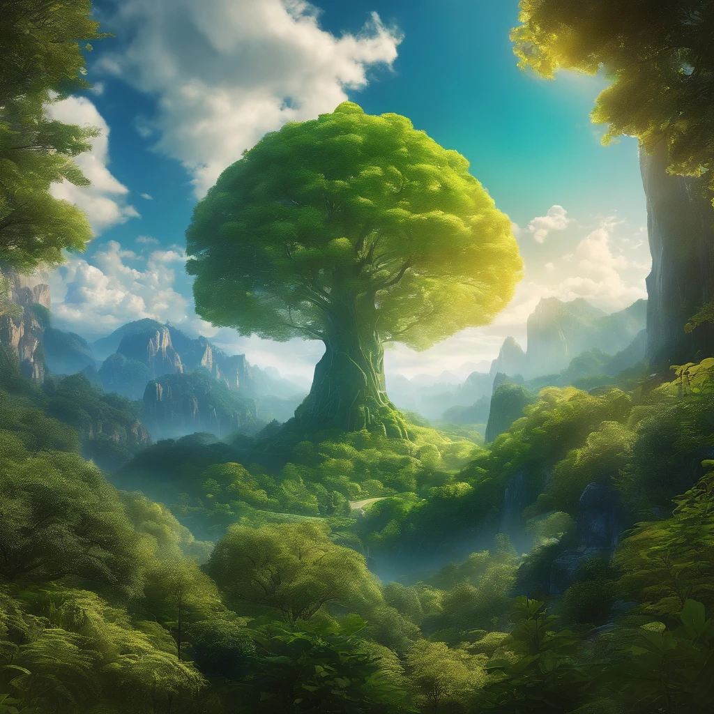1800' green, yellow city mountains, 4-5 km tall large tree in the middle, having blue colour transparant circular shield, anime high quality