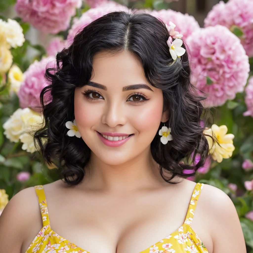 black hair, length below the shoulders, with curls, girl, marked clavicle, chubby girl, Brown eyes, cachetona, splash nose,almond eyes, long eyelashes, thick fleshy and pink lips, big breasts, yellow dress with white flowers and a tender smile