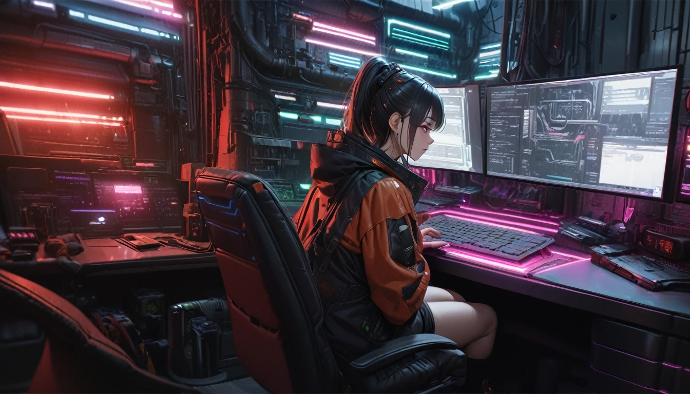 (best quality, masterpiece, ultra detailed, ultra high res, photorealistic, raw photo, absolutely resolution), Cyberpunk, 20 year old woman, sitting on a chair and working on a computer, mechanical room, neon, green and red colors