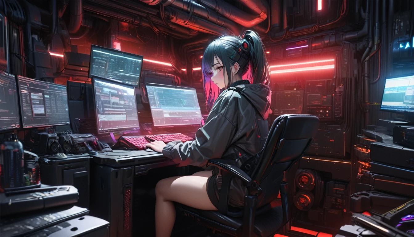 (best quality, masterpiece, ultra detailed, ultra high res, photorealistic, raw photo, absolutely resolution), Cyberpunk, 20 year old woman, sitting on a chair and working on a computer, mechanical room, neon, green and red colors