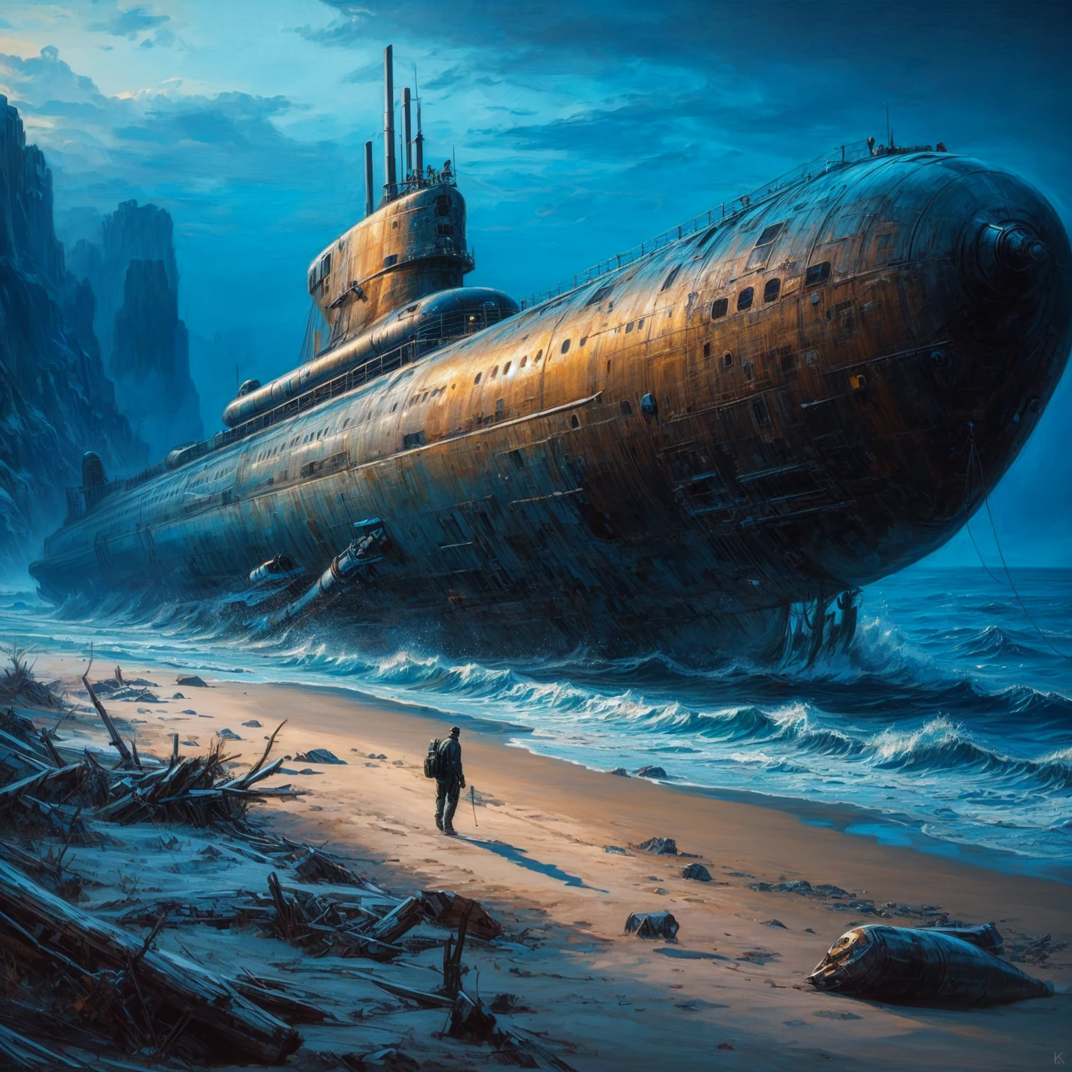 Arafed submarine on the beach with a man walking on the shore, beached U-Boat, stefan koidl inspired, by Alexander Kucharsky, Alejandro Burdisio Kunst, von Krzysztof Boguszewski, Simon Stälenhag, inspired by Simon Stålenhag, inspired von Krzysztof Boguszewski