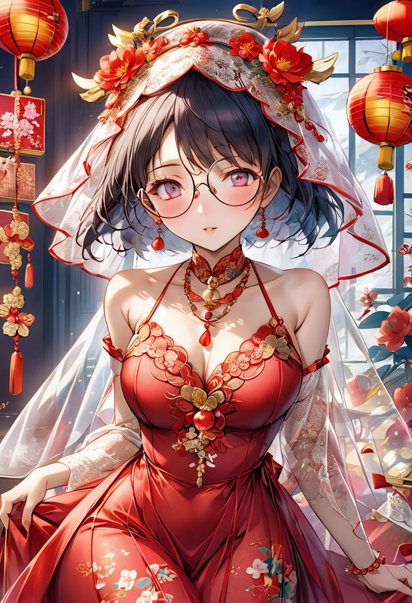 （（（Eyes are very fragile）））（（（Hair accessories）））（（（veil）））,necklace,Misako wears a red transparent sexy silk dress, ((Radiant skin))The room is filled with Lunar New Year decorations（（（masterpiece）））, （（best quality））, （（Intricate details））, （（Surreal））（8K）Glasses