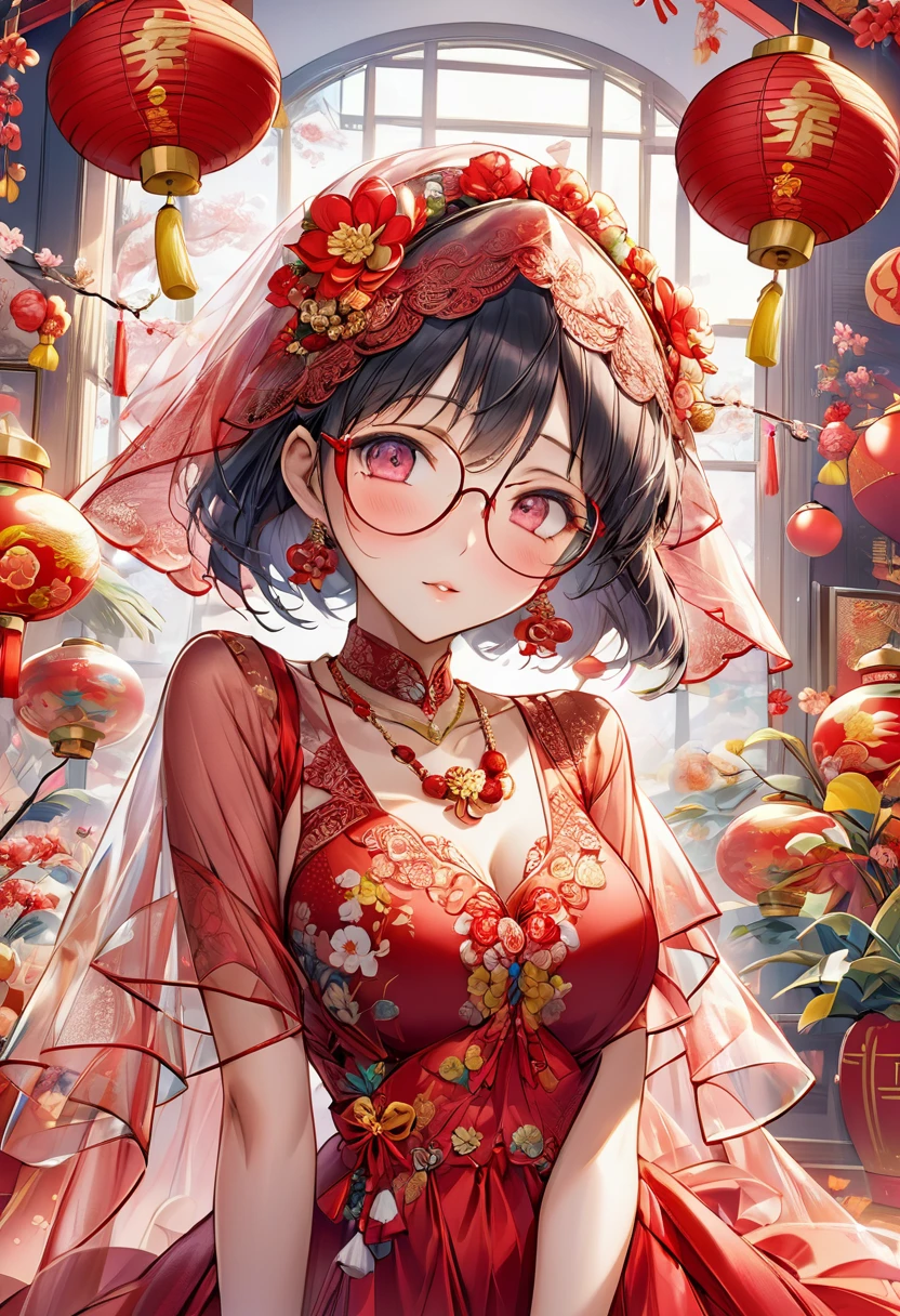 （（（Eyes are very fragile）））（（（Hair accessories）））（（（veil）））,necklace,Misako wears a red transparent sexy silk dress, ((Radiant skin))The room is filled with Lunar New Year decorations（（（masterpiece）））, （（best quality））, （（Intricate details））, （（Surreal））（8K）Glasses