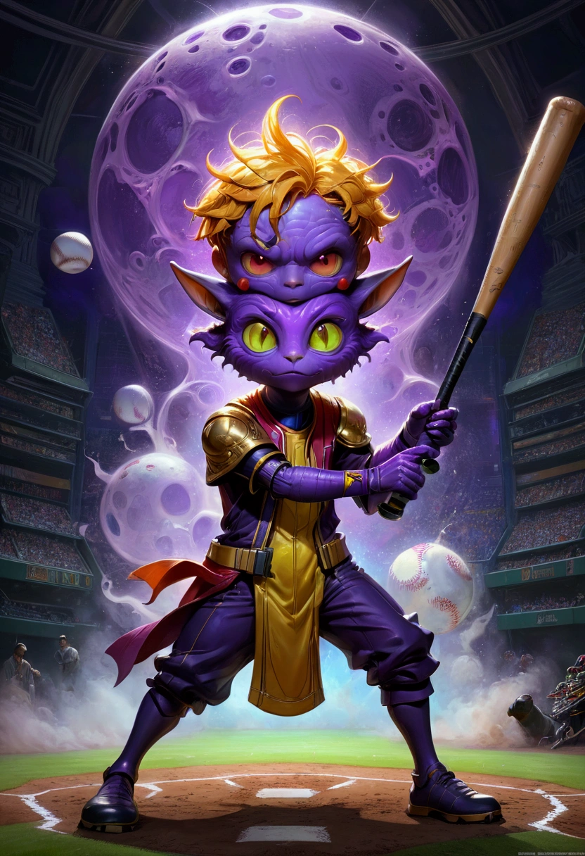 1boy, baseball player, batting stance, (alien dressed as a baseball player, batting) a masterpiece, 8k resolution, dark fantasy concept art, by Greg Rutkowski, dynamic lighting, hyperdetailed, intricately detailed, Splash screen art, trending on Artstation, deep color, Unreal Engine, volumetric lighting, Alphonse Mucha, Jordan Grimmer, purple and yellow complementary colours, masterpiece, best quality, very aesthetic, absurdres