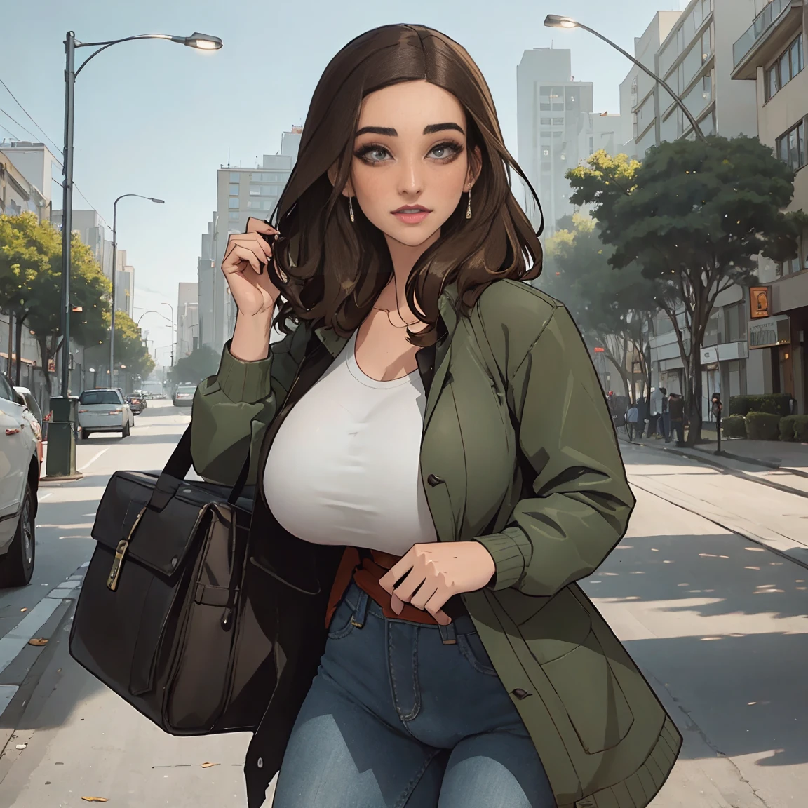 Extremely busty thin and toned brunette photographer, college girl, fair skin, loose side sweep, soft face, athletic, bandana babushka headwrap, tight olive green casual windbreaker, skinny jeans. standing in front of her apartment building, outdoors, city, camera bag, cleavage