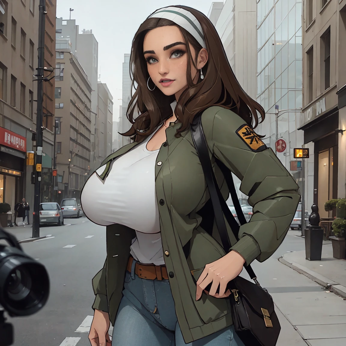 Extremely busty thin and toned brunette photographer, college girl, fair skin, loose side sweep, soft face, athletic, bandana babushka headwrap, tight olive green casual windbreaker, skinny jeans. standing in front of her apartment building, outdoors, city, camera bag, cleavage