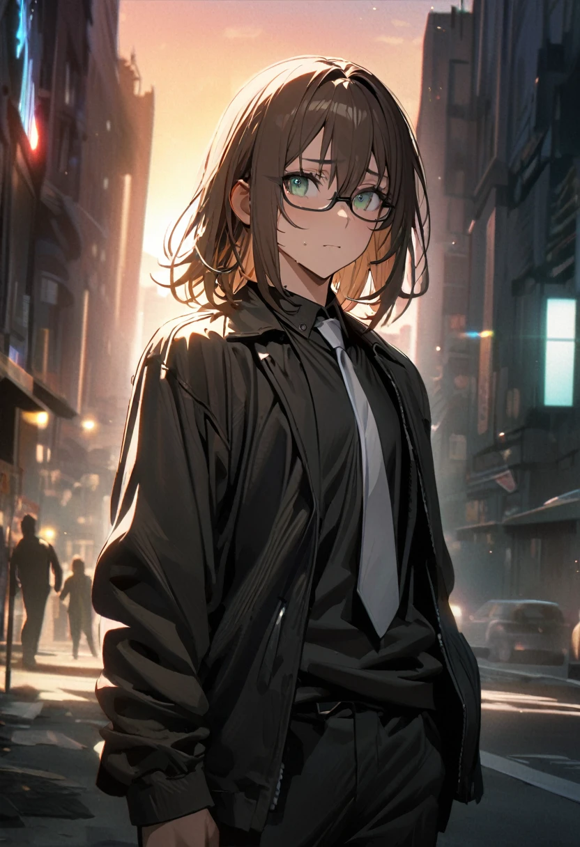 1 guy, complex part, masterpiece, Best quality, extremely detailed,Cinematic lighting, beautiful detailed glow, finely detailed beautiful face and eyes, 8 k, dark intense shadows, Gray-green eyes, Medium hair, glasses, Brown hair, black jacket, open jacket, black shirt, inexpressive, white tie, black trousers, searchlight, sunlight, sunrise, gradient sky, city, lens flare, cowboy shot, [young guy]